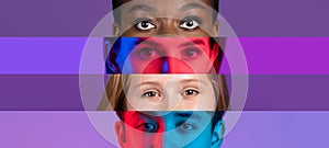 Collage of close-up male and female eyes isolated on colored backgorund with copy space for ads. Multicolored stripes