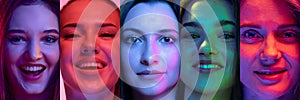 Collage. Close-up portrait of young people, men and women cheerfully smiling, laughing with multicolored neon lights