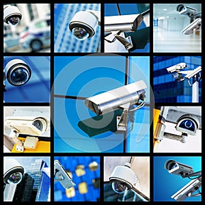 Collage of closeup security CCTV camera or surveillance system