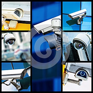 Collage of closeup security CCTV camera or surveillance system