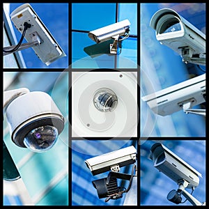 Collage of closeup security CCTV camera or surveillance system