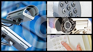 Collage of closeup security CCTV camera or surveillance system