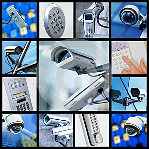 Collage of closeup security CCTV camera or surveillance system