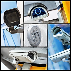 Collage of closeup security CCTV camera or surveillance system