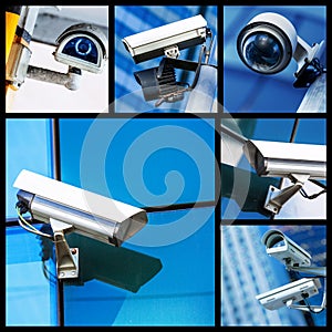 Collage of closeup security CCTV camera or surveillance system
