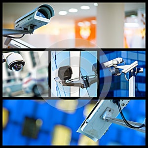 Collage of closeup security CCTV camera or surveillance system