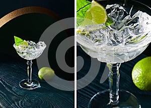 Collage of cocktail glass with mint leaf and whole lime