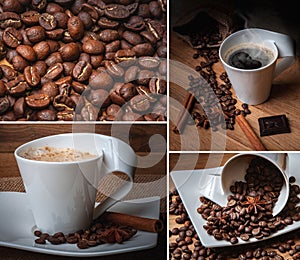 A collage of coffee photos with a white coffee cup and saucer.