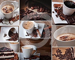 A collage of coffee photos with a white coffee cup and saucer.