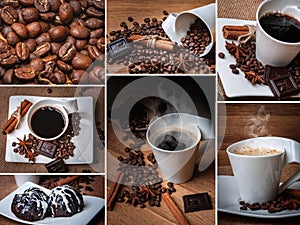 Collage of coffee pictures with white coffee cup with saucer.