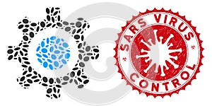 Collage Cogwheel Icon with Coronavirus Distress Sars Virus Control Stamp