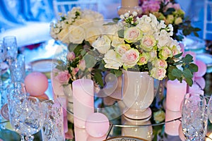 Collage collection of pink wedding details from ceremony and reception