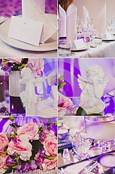Collage collection of violet, purple wedding table