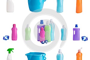 Collage of colorful bottles of cleaning products on white background