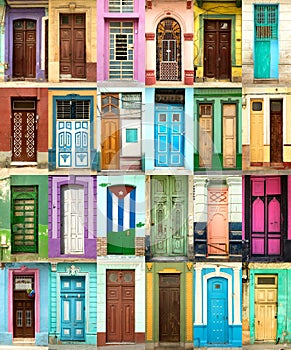 Collage of colorful doors in Havana in Cuba