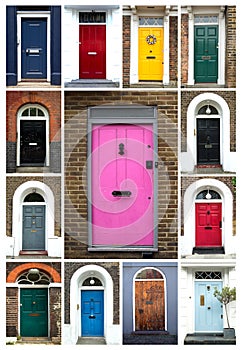 Collage of colorful doors in London in UK