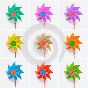 Collage of colorful pinwheels on white background