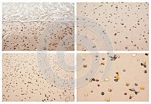 Collage of colorful stones on sand backgrounds on the beach. Full size