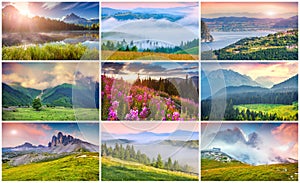 Collage with 9 colorful summer landscapes. photo