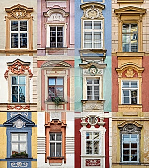 Collage of colorful windows with pediment of Prague