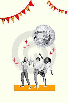 Collage composite illustration funny three girls crowd discotheque retro party chill dance nostalgia 80s isolated on