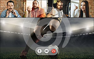 Collage, composite image. Group of young people watching soccer match online, using video app. PC, laptop screen with