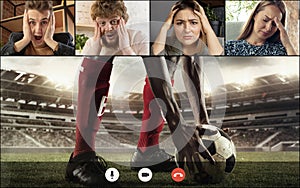 Collage, composite image. Group of young people watching soccer match online, using video app. PC, laptop screen with