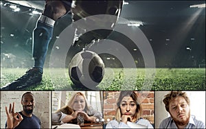 Collage, composite image. Group of young people watching soccer match online, using video app. PC, laptop screen with