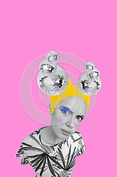 Collage composition of funky personage girl with painted makeup blonde hair cartoon image with disco balls isolated on