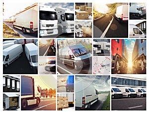 Collage composition with vans and trucks. Concept of transport and logistic