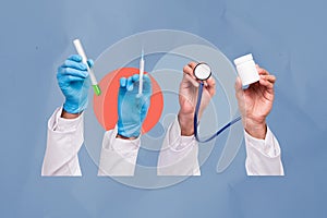 Collage conceptual image picture of doctor showing equipment and medication for treatment isolated on drawing background