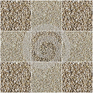 Collage consisting of whole wheat grain, cut wheat and oat flake