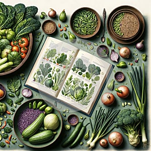 The collage consists of a large book with a variety of vegetables laid out on the dining table. Predominantly green vegetables photo