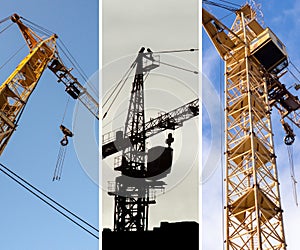 Collage of construction of building crane. Construction site background
