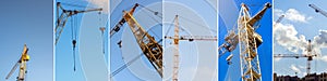 Collage of construction building crane. Construction site background, construction objects and concepts