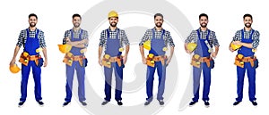 Collage of construction worker in uniform with different tools