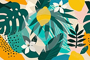 Collage contemporary floral seamless pattern. Modern exotic jungle fruits and plants illustration vector.