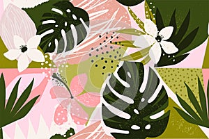 Collage contemporary floral seamless pattern. Modern exotic jungle fruits and plants illustration in vector.