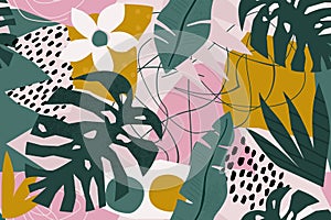 Collage contemporary floral seamless pattern. Modern exotic jungle fruits and plants illustration in vector.