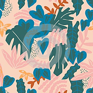 Collage contemporary floral seamless pattern. Modern exotic jungle fruits and plants illustration in vector.