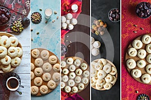 Collage of cookies of El Fitr Islamic Feast. Ghorayeba sweets. Ramadan food background