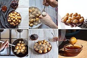 Collage with cooking Luqaimat, traditional sweet dumplings of UAE. Sweet Ramadan dumplings