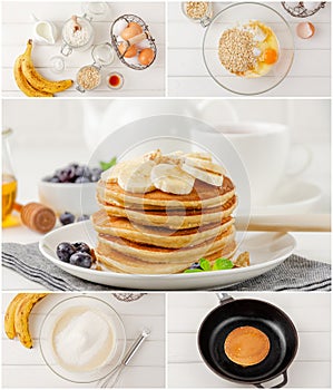 Collage of cooking oat pancakes with bananas on a white wooden background. Recipe step by step. Healthy breakfast