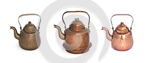 Collage of copper kettles on a white background.