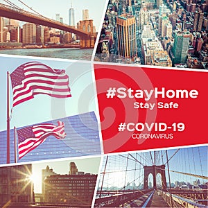 Collage Coronavirus Covid-19 New York city, USA, virus epidemic in United States, quarantine. ``Stay At Home`` in NYC, New Yor