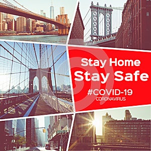 Collage Coronavirus Covid-19 New York city, USA, virus epidemic in United States, quarantine. ``Stay At Home`` in NYC, New Yor