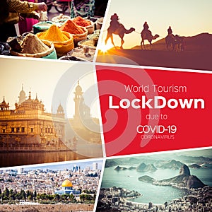Collage Coronavirus Covid-19 World epidemic. Quarantine. World Tourism Lockdown. World Travel Destination. Travel Restrictions