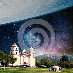 Collage with cosmos and astronomy theme. Modern design. Contemorary art collage.