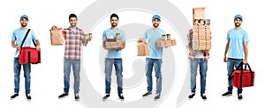 Collage of couriers with orders on white. Food delivery