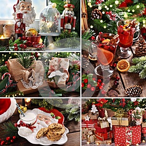 Collage with cozy Christmas arrangements